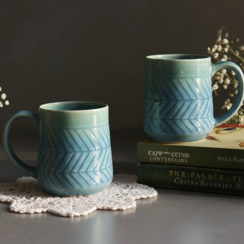 Two blue ceramic mugs on a surface with books and decorative elements.