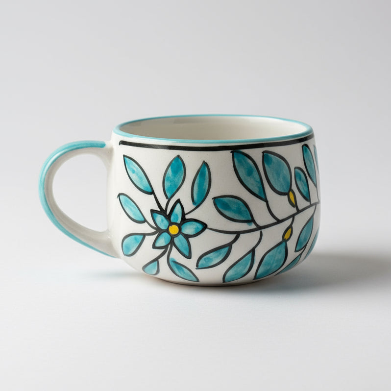 Ceramic mug with blue floral design on a wooden surface