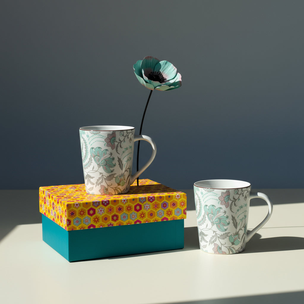 Floral patterned mug on a wooden surface with a neutral background