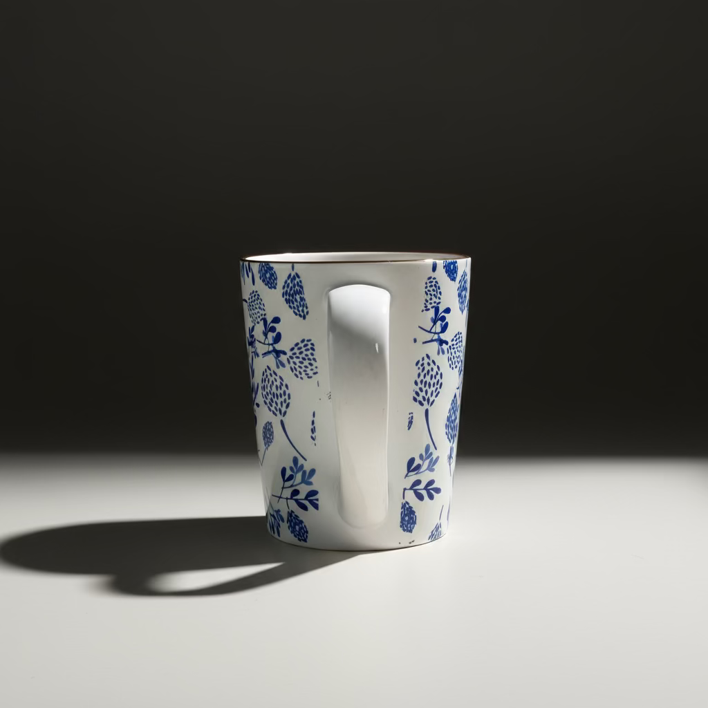 White mug with blue floral patterns on a wooden surface