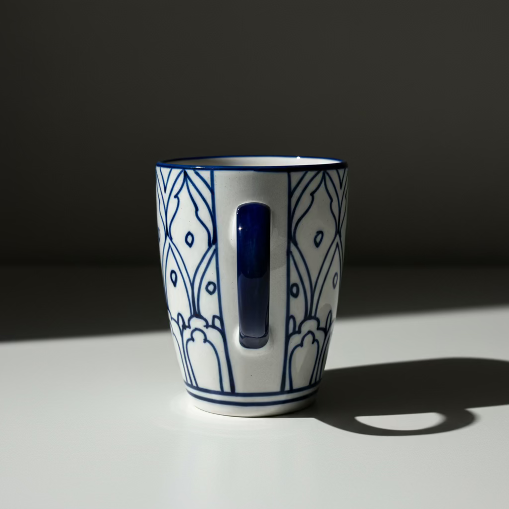White mug with blue floral patterns on a wooden surface