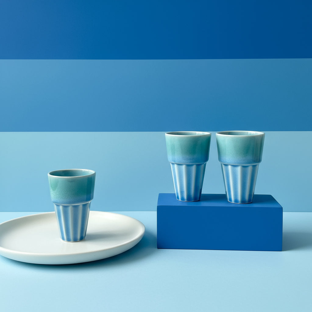 Two ceramic cups with blue glaze on a wooden surface