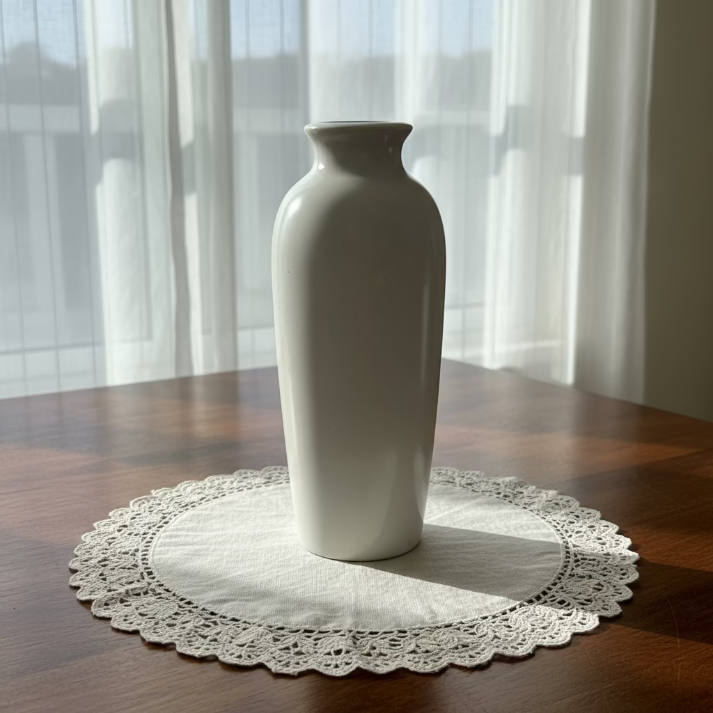 White ceramic vase on a wooden surface with a plain background