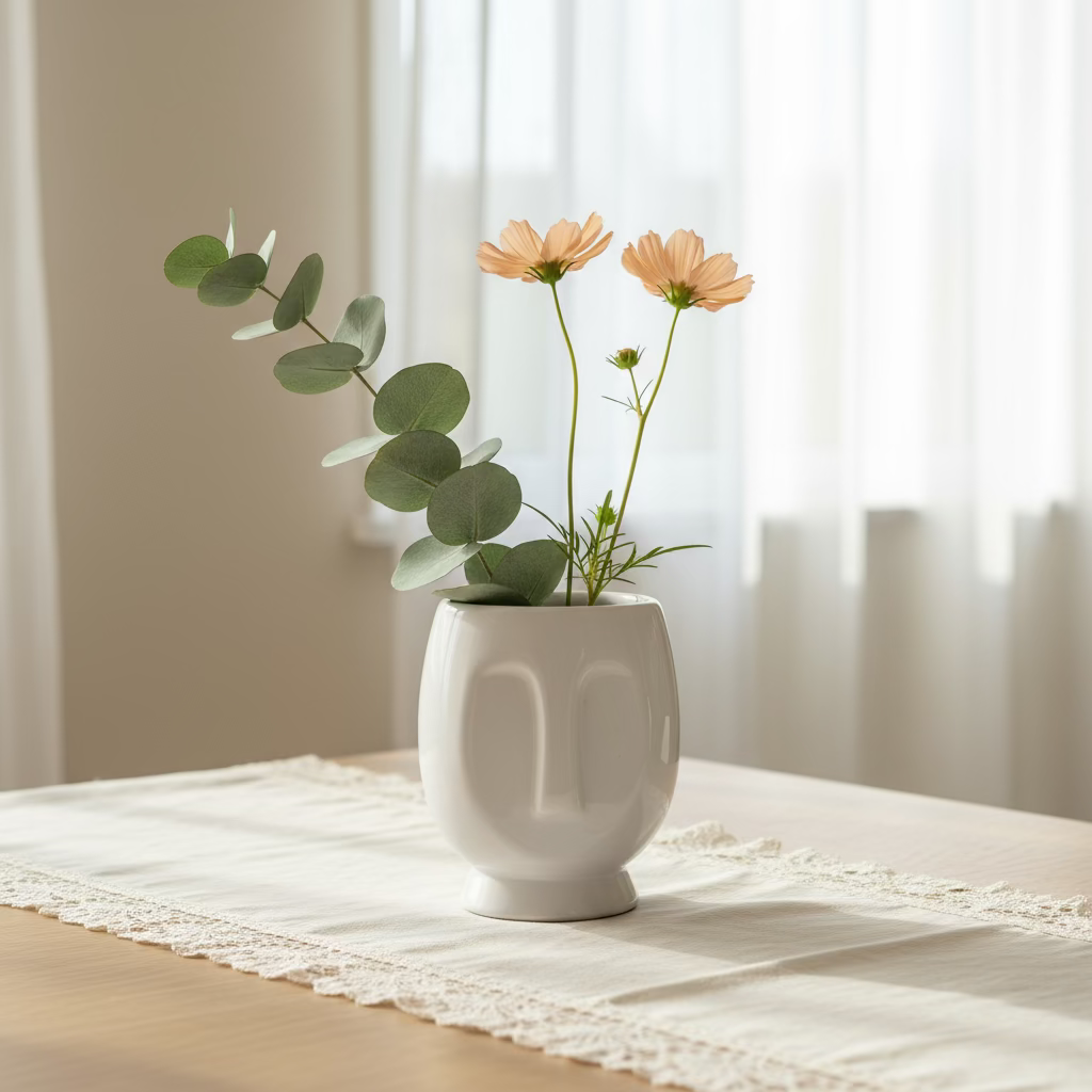 White ceramic cup with a face design on a wooden surface and beige wall background