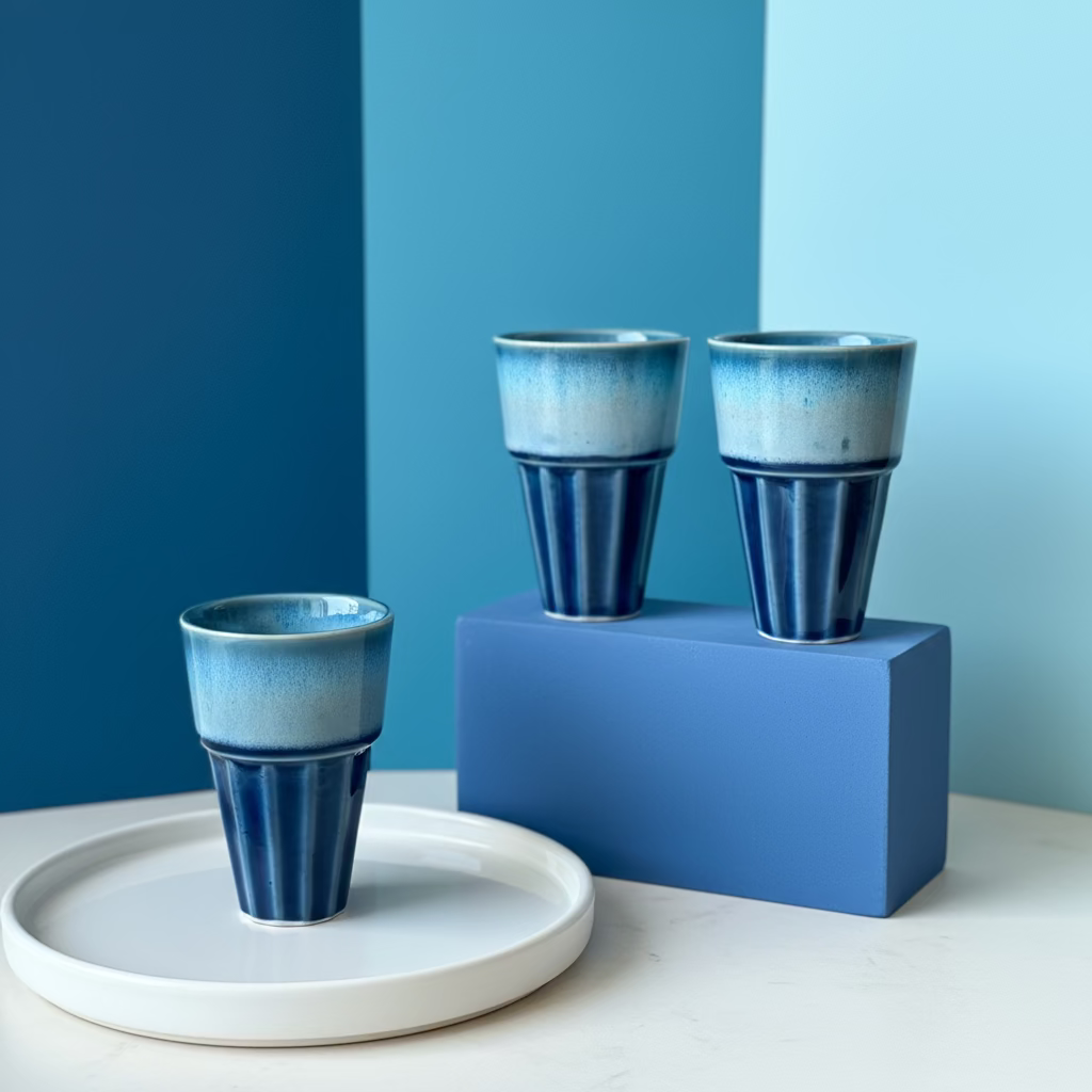 Two blue ceramic cups on a wooden surface with a blurred background