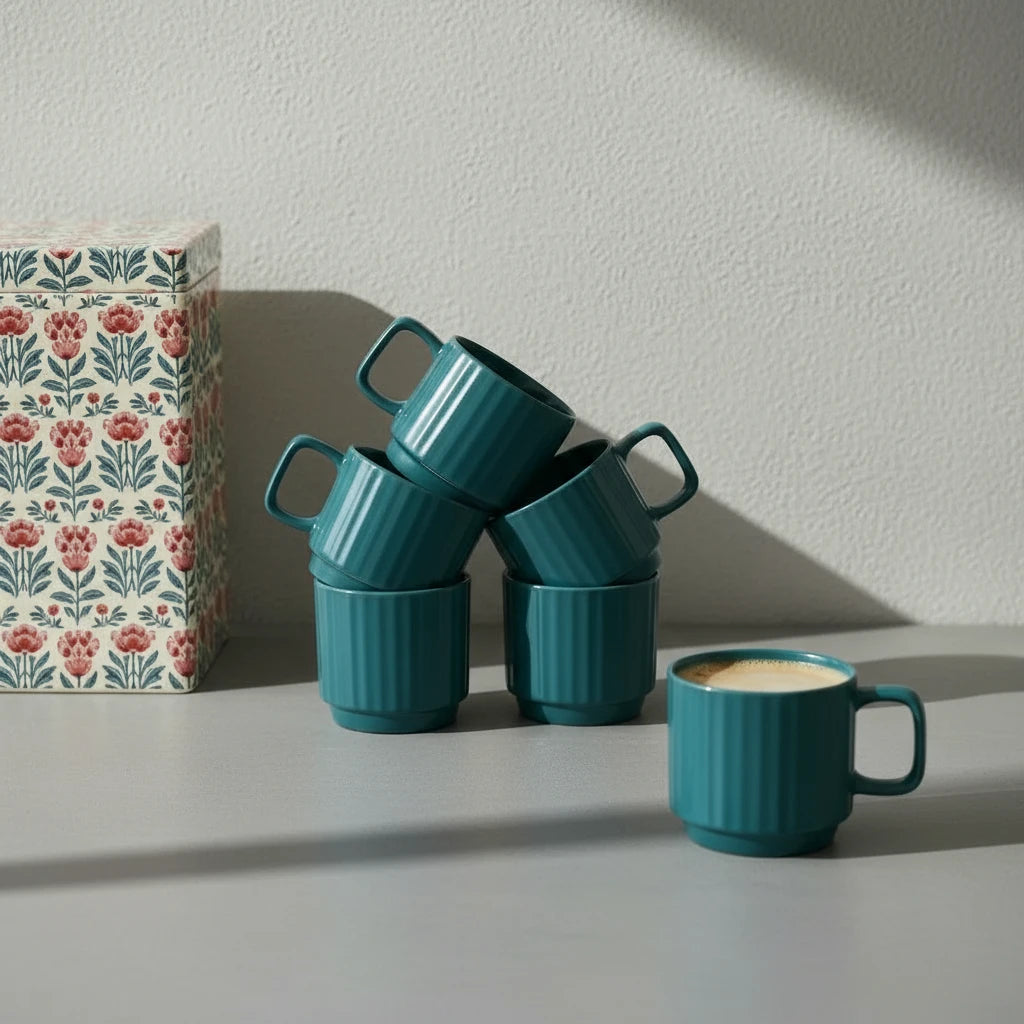 Four blue mugs stacked on a wooden surface with a blurred background