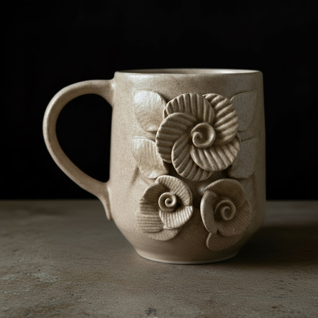 Ceramic mug with floral designs on a wooden surface