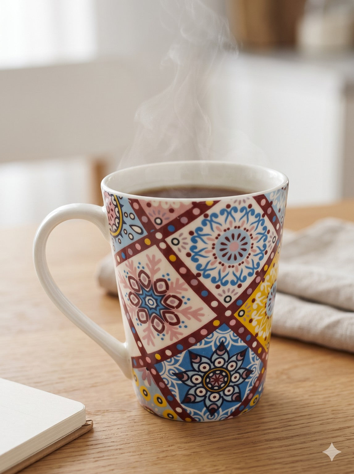 Bandhej ceramic mug with colourful Rajasthan-inspired geometric motifs