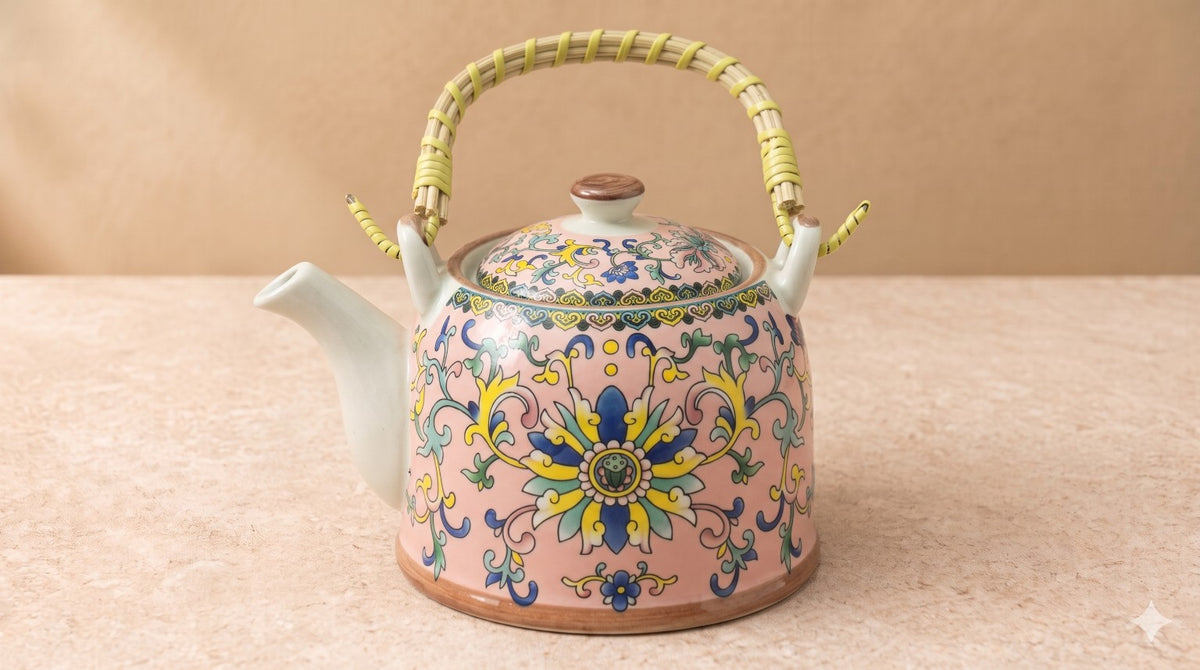 Heritage Bloom floral ceramic teapot in blush pink with colourful botanical motifs