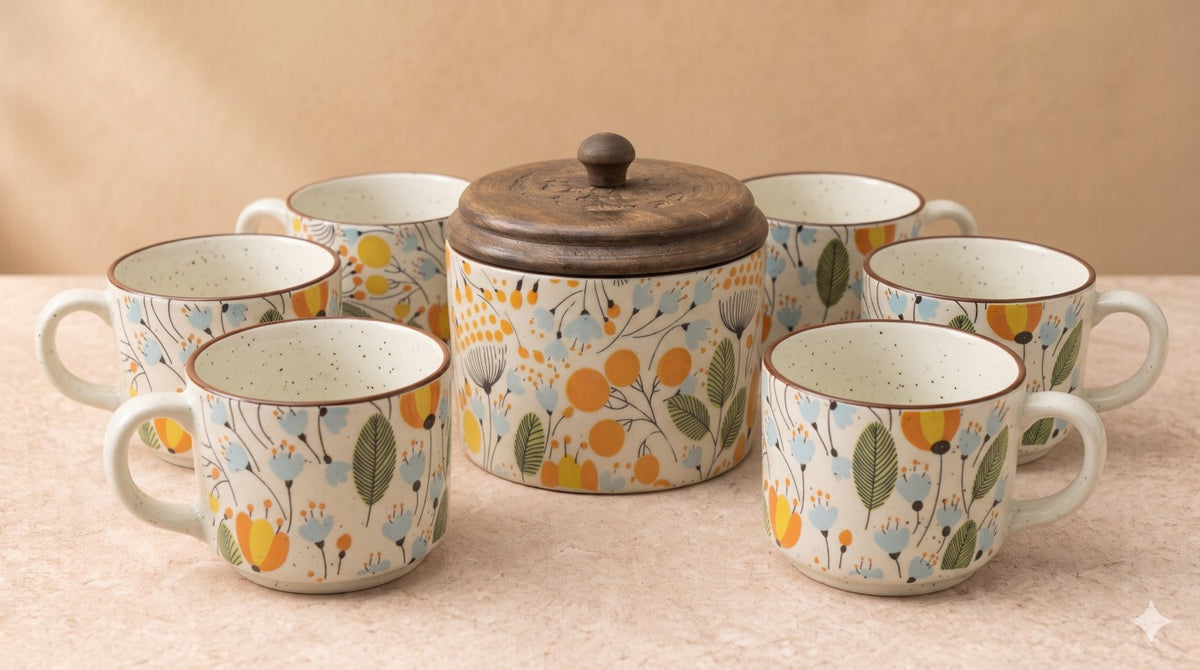 Orange floral ceramic cup set of six with matching lidded snack container
