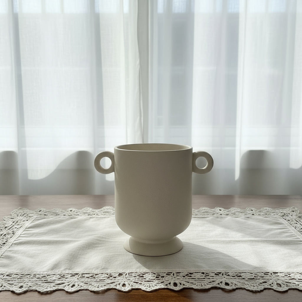 White ceramic vase with handles on a wooden surface and light background